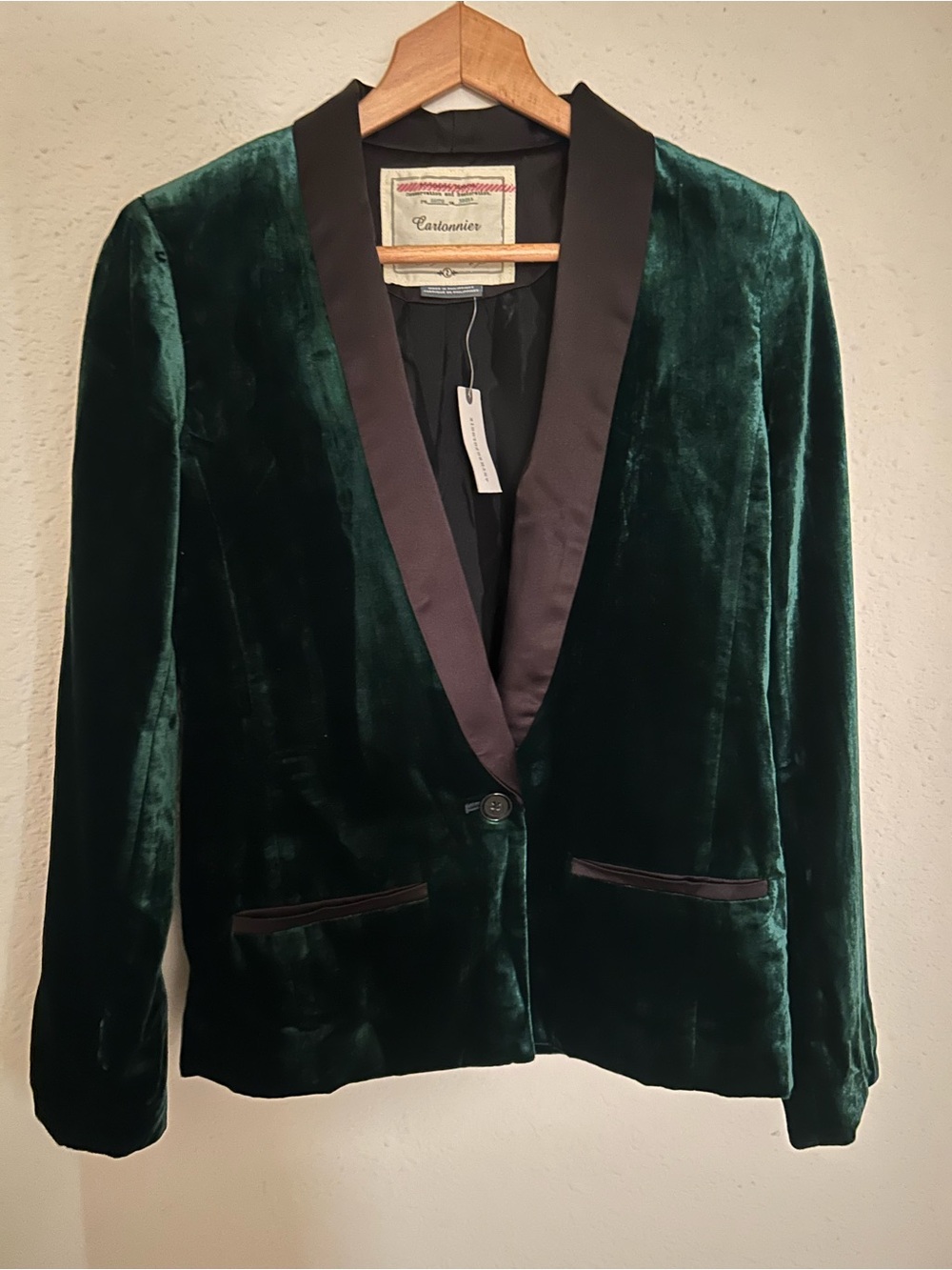 Anthropology NWT Forest Green Velvet Blazer with Satin Trim